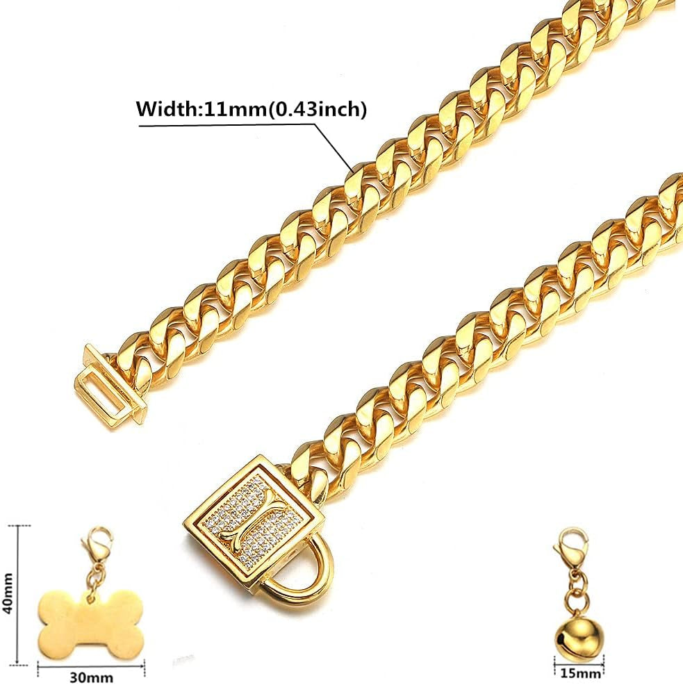 Gold Chain Dog Collar Walking Trainning Chain Collar with CZ Lock ID Tag and Bell Chew Proof 11MM/15MM/19MM Stainless Steel Cuban Link Chain for Small Medium Large Dogs (11Mm, 18Inch)