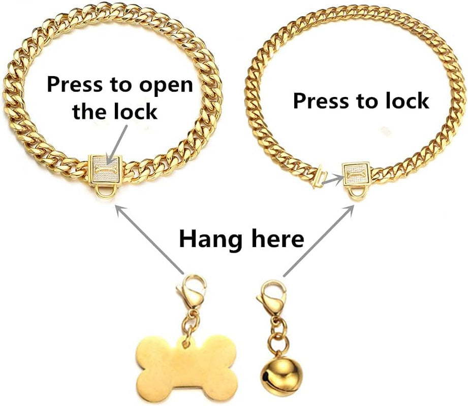 Gold Chain Dog Collar Walking Trainning Chain Collar with CZ Lock ID Tag and Bell Chew Proof 11MM/15MM/19MM Stainless Steel Cuban Link Chain for Small Medium Large Dogs (11Mm, 18Inch)