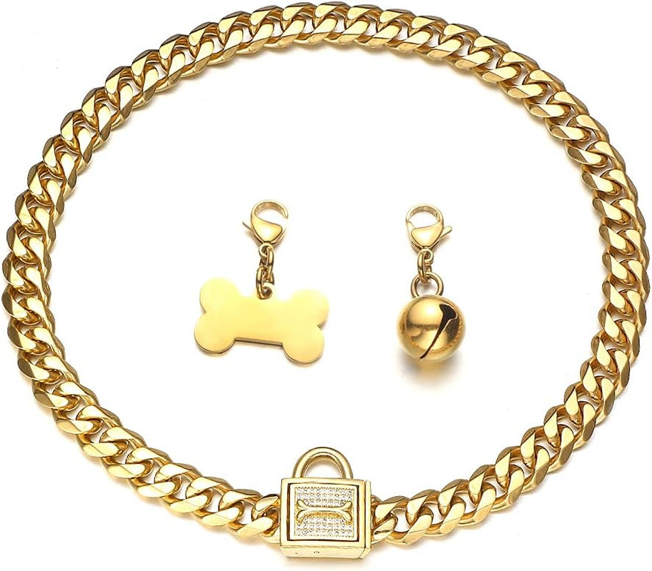 Gold Chain Dog Collar Walking Trainning Chain Collar with CZ Lock ID Tag and Bell Chew Proof 11MM/15MM/19MM Stainless Steel Cuban Link Chain for Small Medium Large Dogs (11Mm, 18Inch)