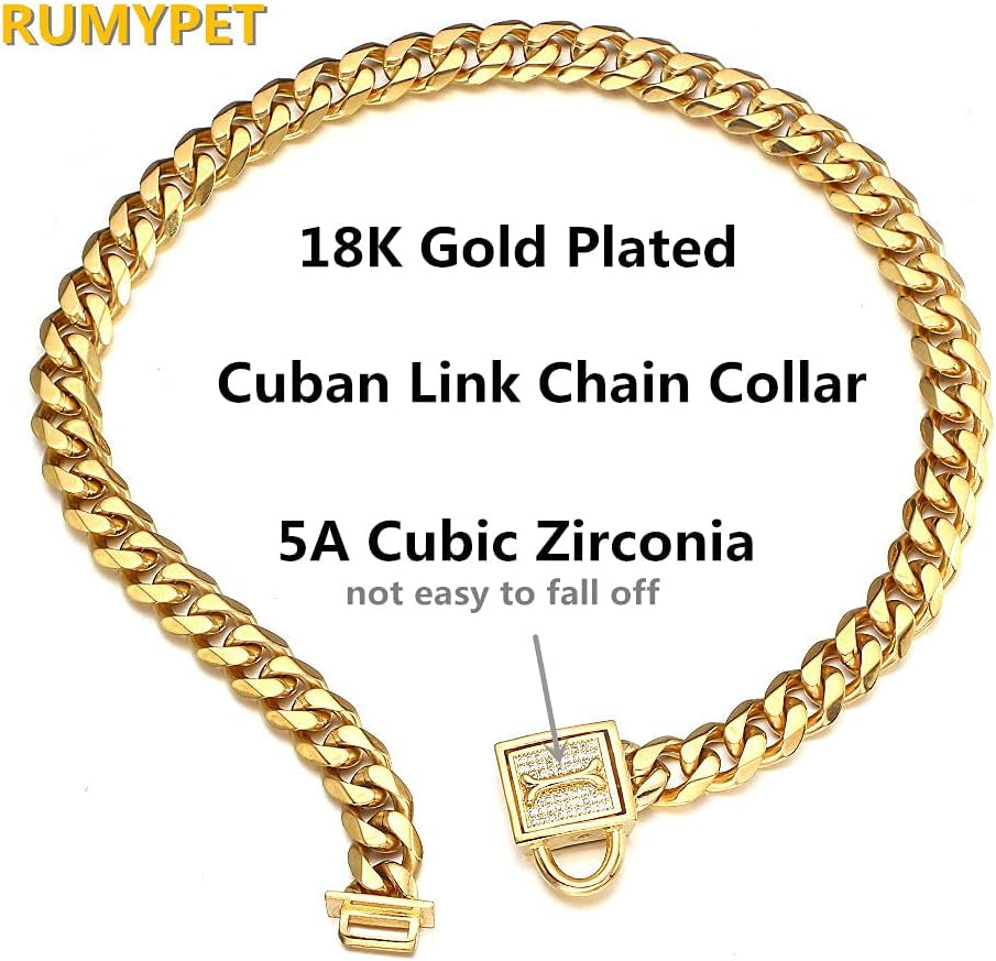 Gold Chain Dog Collar Walking Trainning Chain Collar with CZ Lock ID Tag and Bell Chew Proof 11MM/15MM/19MM Stainless Steel Cuban Link Chain for Small Medium Large Dogs (11Mm, 18Inch)