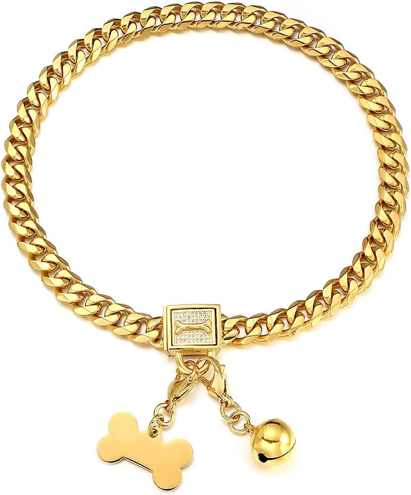 Gold Chain Dog Collar Walking Trainning Chain Collar with CZ Lock ID Tag and Bell Chew Proof 11MM/15MM/19MM Stainless Steel Cuban Link Chain for Small Medium Large Dogs (11Mm, 18Inch)